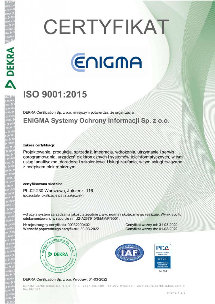 Certyfikat Elektroniczny Iso 9001 Pl Enigma